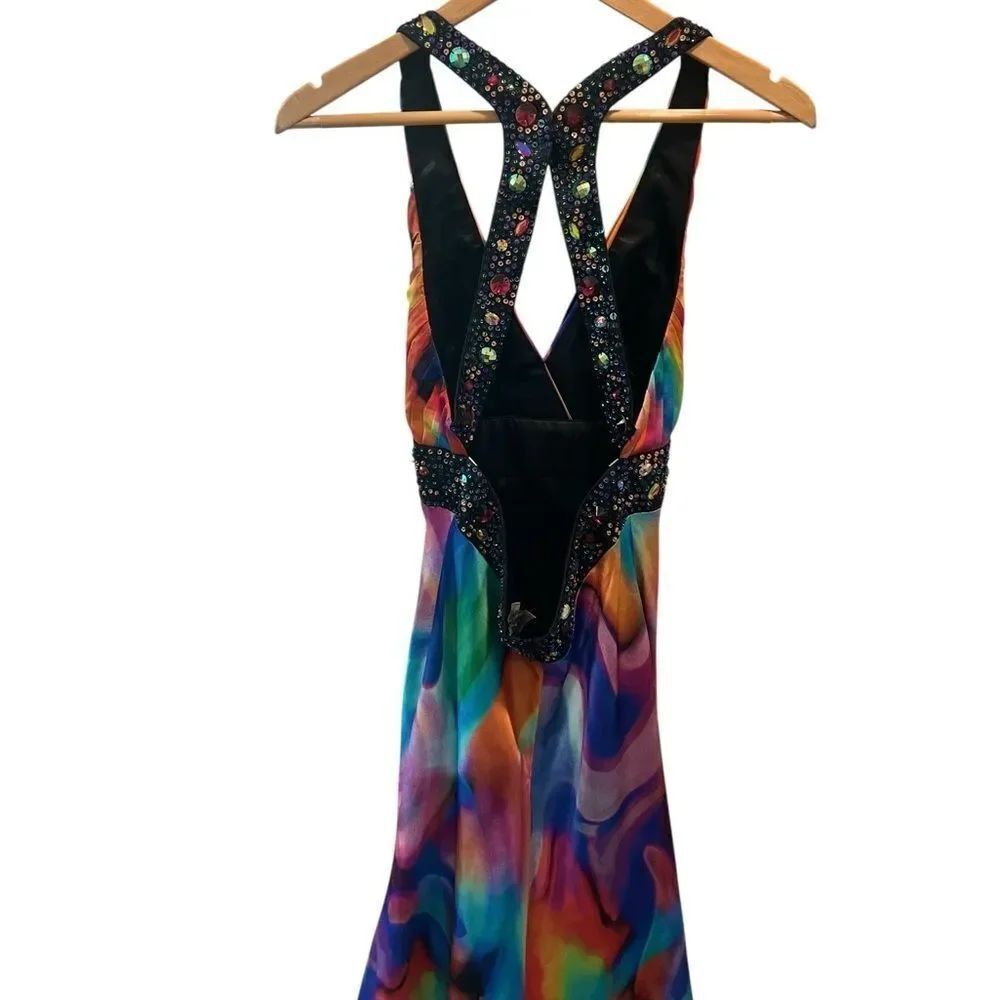 Vintage Caché Multicolor Rhinestone Embellished Open Back Maxi Dress Size - Picture 5 of 8